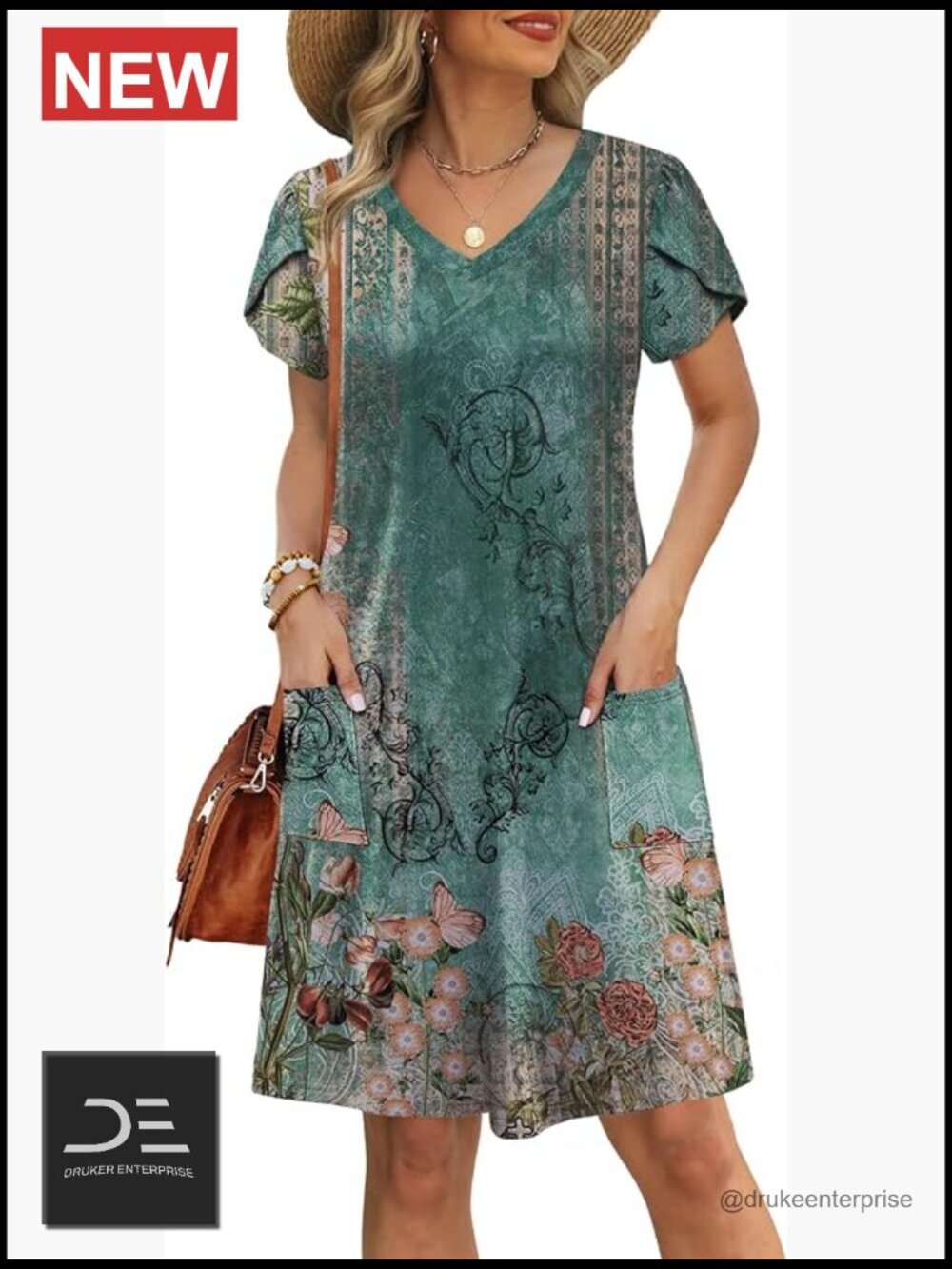 Tulip Petal Short Sleeve V-Neck Loose Swing Sundress with Pockets